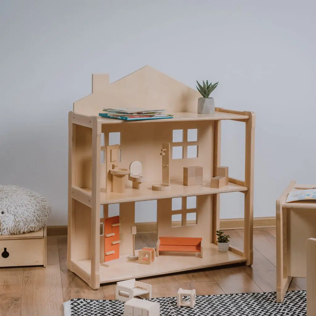 Montessori Dollhouse with Bookshelf