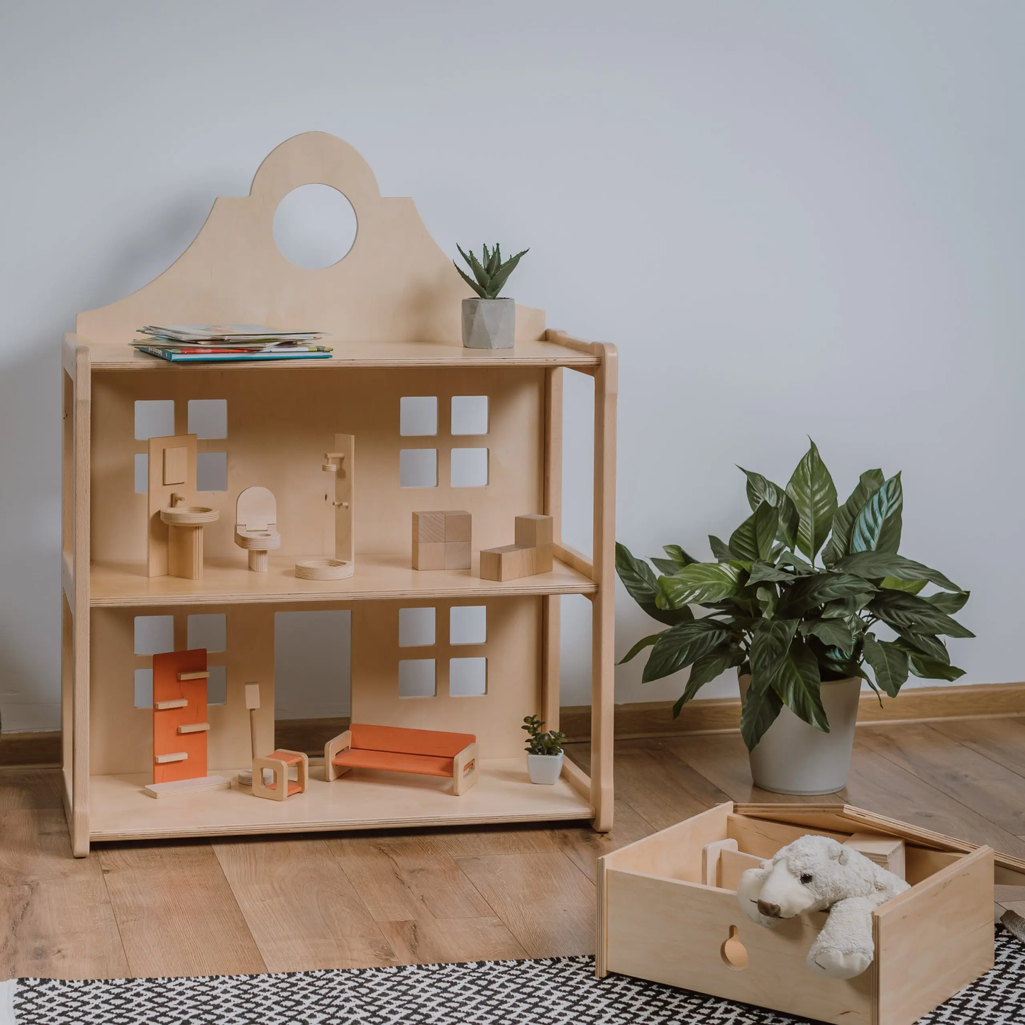 Montessori Dollhouse with Bookshelf